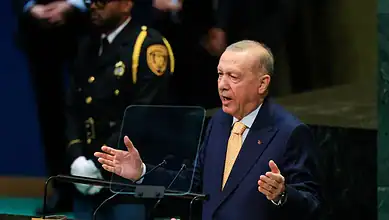 Turkish President Erdogan speaking at the United Nations General Assembly.