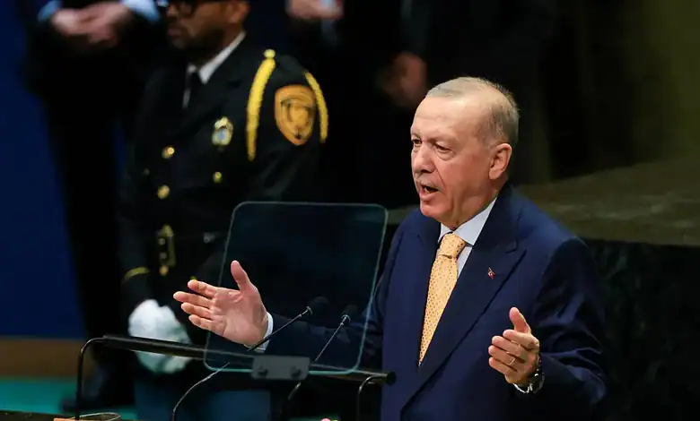 Turkish President Erdogan speaking at the United Nations General Assembly.