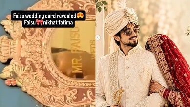 Mr Faisu's wedding card reveals bride's name and nikah date, traditional attire, and ornate decor.
