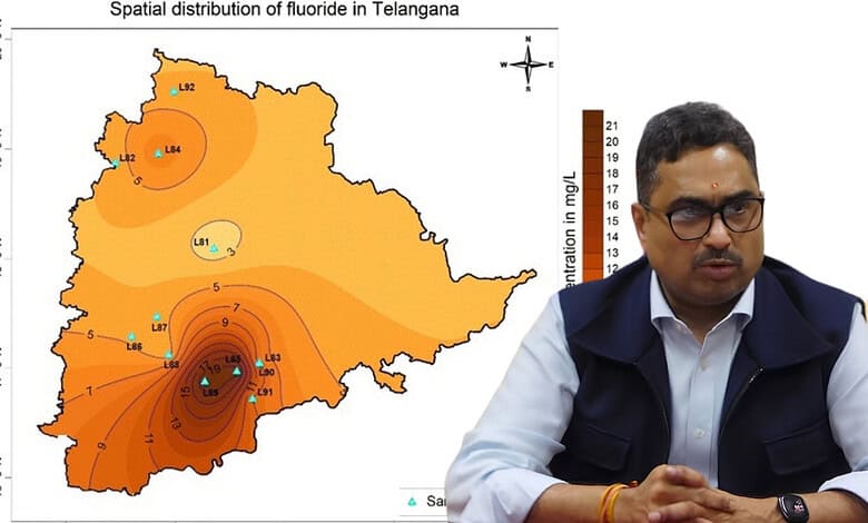 Map showing fluoride levels in Telangana with a man speaking at a press conference.