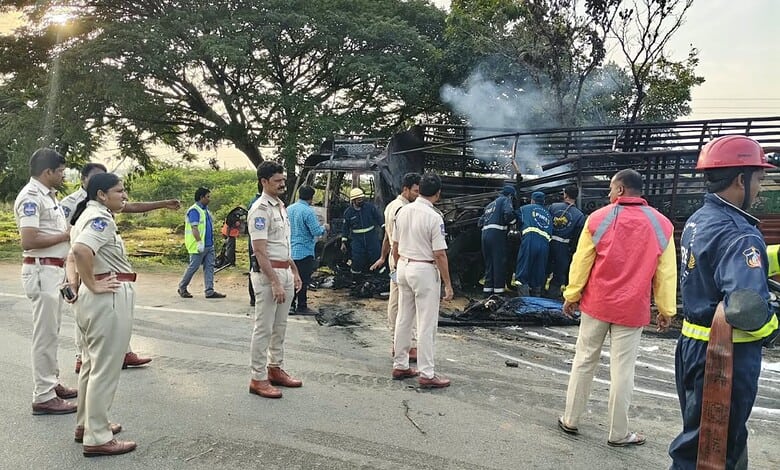Emergency responders and police at the scene of a fire accident in Mahabubnagar.