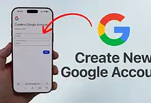 Mobile phone showing Google account creation screen with fields for name, username, and password.