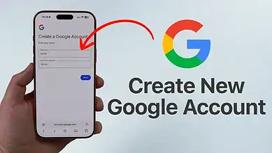 Mobile phone showing Google account creation screen with fields for name, username, and password.