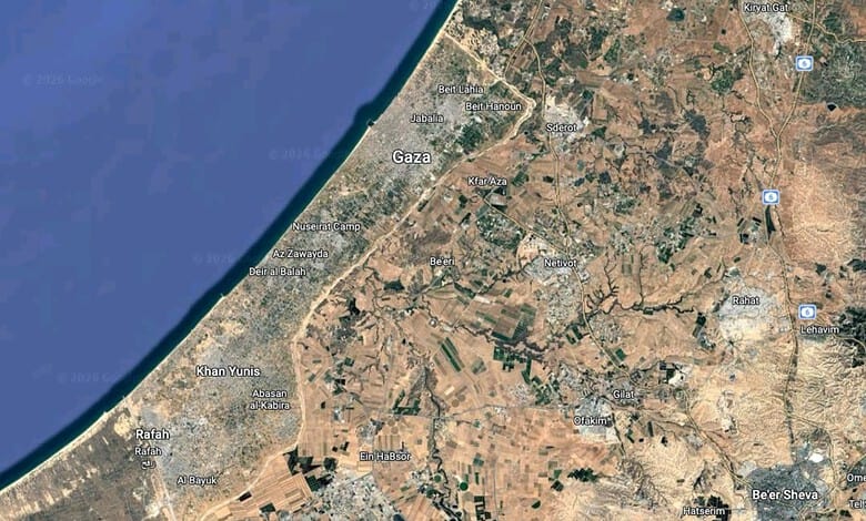 Google Maps satellite view of Gaza Strip.