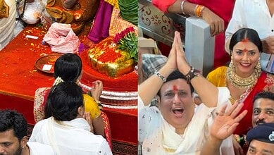 Celebration scene with women in traditional attire, some with hands folded, at a festive event.