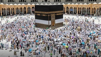 Haj pilgrims gather around the Kaaba at the Grand Mosque in Makkah.