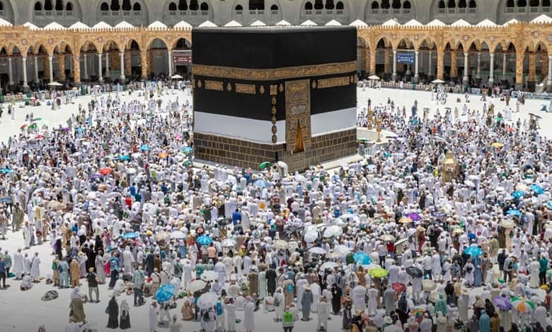 Haj pilgrims gather around the Kaaba at the Grand Mosque in Makkah.