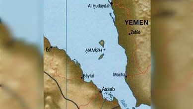 Map showing Yemen and the Hanish Islands in the Red Sea.