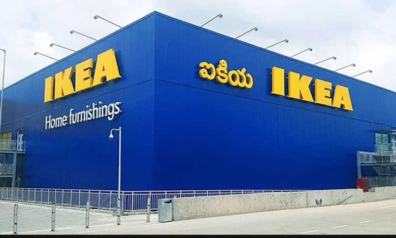 IKEA store exterior with blue facade and yellow signage in Hyderabad, India.