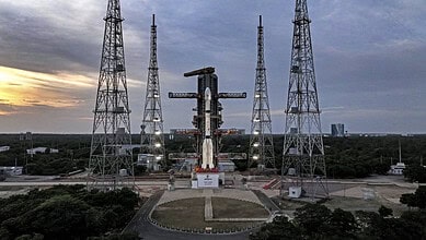 India's first imaging satellite launch site with multiple communication towers at sunset.