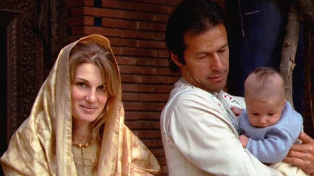 Jemima Khan and Imran Khan with their child at a family gathering.