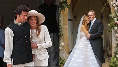 Imran Khan's ex-wife Jemima and her new spouse celebrate their wedding day in a floral decorated venue.