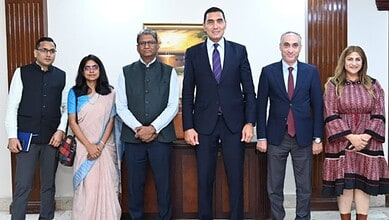Delegates from India and Egypt in a formal meeting on sports and youth cooperation.