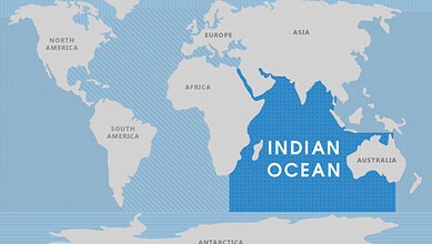 Map highlighting the Indian Ocean between Africa, Asia and Australia.