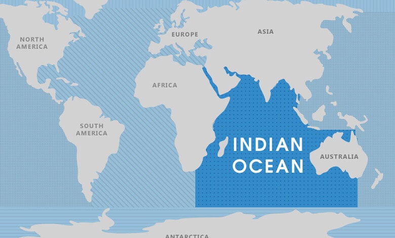 Map highlighting the Indian Ocean between Africa, Asia and Australia.