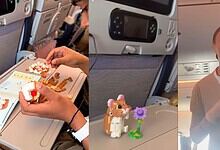 Passenger shows a LEGO gift, a small animal figure, on an Emirates flight.