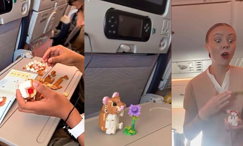 Passenger shows a LEGO gift, a small animal figure, on an Emirates flight.