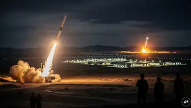 Nighttime missile launch with bright flames and smoke, silhouetted observers in foreground.
