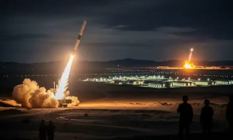 Nighttime missile launch with bright flames and smoke, silhouetted observers in foreground.