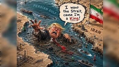 Illustration depicts Donald Trump struggling in the Strait of Hormuz, surrounded by ships and sea mines, with an Iranian flag on the shore.