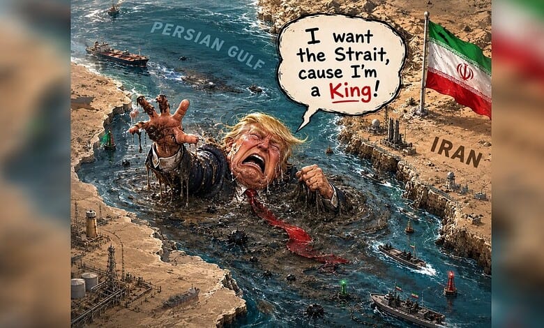 Illustration depicts Donald Trump struggling in the Strait of Hormuz, surrounded by ships and sea mines, with an Iranian flag on the shore.