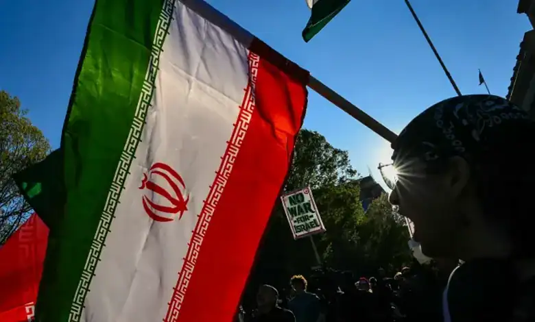 Iran flags being waved at a protest rally during daylight hours.