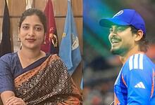 Two individuals, a woman and a man, in a split image with flags in the background.