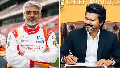 Actor-racer Ajith Kumar in racing suit and CM Vijay in formal suit in an office setting.