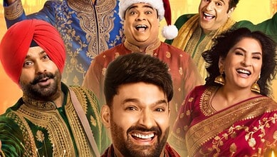 The Kapil Sharma Show cast celebrating Christmas in festive attire with joyful expressions.