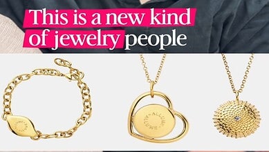 Image showcasing three gold jewelry pieces: a bracelet, a heart-shaped pendant, and a round pendant.