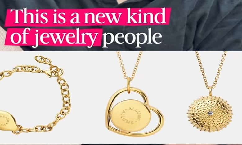 Image showcasing three gold jewelry pieces: a bracelet, a heart-shaped pendant, and a round pendant.