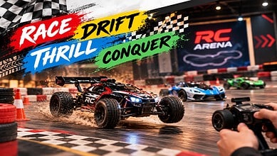 RC cars racing on an indoor track with spectators and a person holding a remote control.