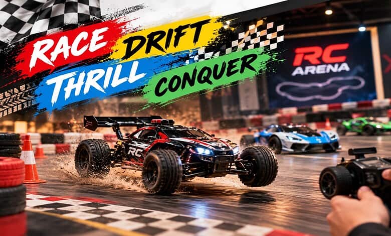 RC cars racing on an indoor track with spectators and a person holding a remote control.