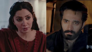 Pakistani drama scene featuring Wahaj Ali and Mahira Khan in emotional moment.