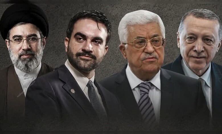 Four Iranian political leaders standing together against a dark background.