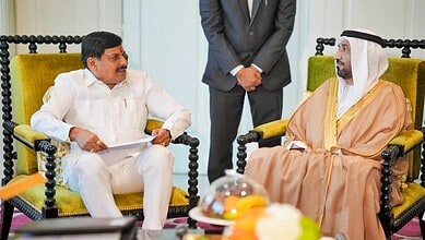 MP CM Mohan Yadav meets Arab Parliament Speaker Mohammed Ahmed Al Yamahi in Dubai.