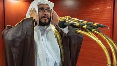 Muezzin Sheikh Ibrahim Al-Madani performing the Azaan at the Grand Mosque.