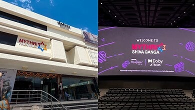 New multiplex cinema opening in Hyderabad with a large digital screen and modern architecture.