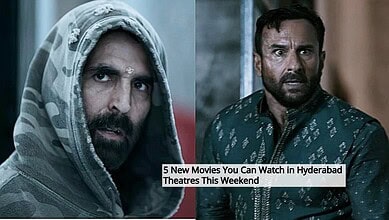 Two male actors in intense scenes from a film, with a caption about new movies in Hyderabad theatres.