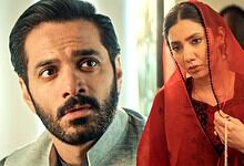 Pakistani actors in a dramatic scene from a popular drama series.