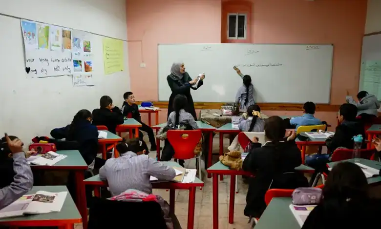 Classroom scene with Palestinian students and teachers in Jerusalem, engaging in learning activities.