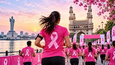 Women participating in a breast cancer awareness walk wearing pink shirts with pink ribbons near Charminu.