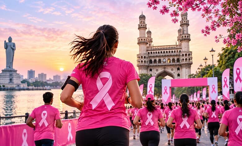 Women participating in a breast cancer awareness walk wearing pink shirts with pink ribbons near Charminu.