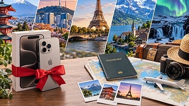 Smartphone, passport, camera, and travel souvenirs on a wooden table with iconic landmarks in the背景.