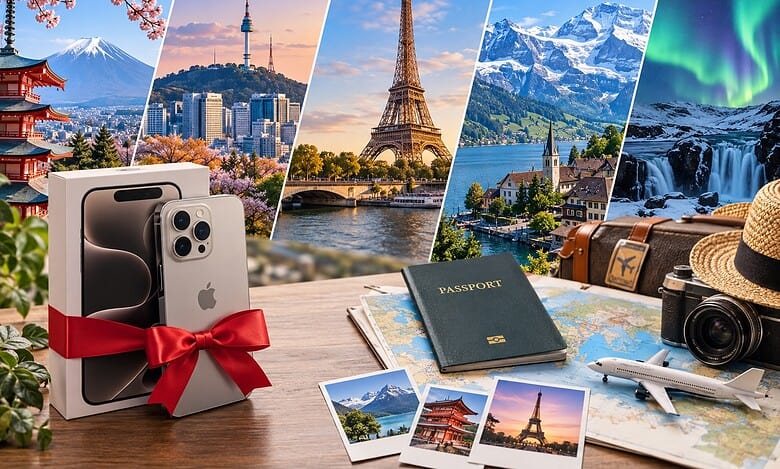 Smartphone, passport, camera, and travel souvenirs on a wooden table with iconic landmarks in the背景.