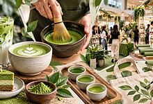Matcha tea being prepared at a market stall with green tea and desserts in the background.