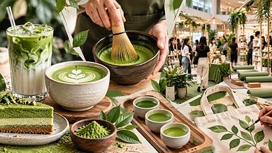Matcha tea being prepared at a market stall with green tea and desserts in the background.