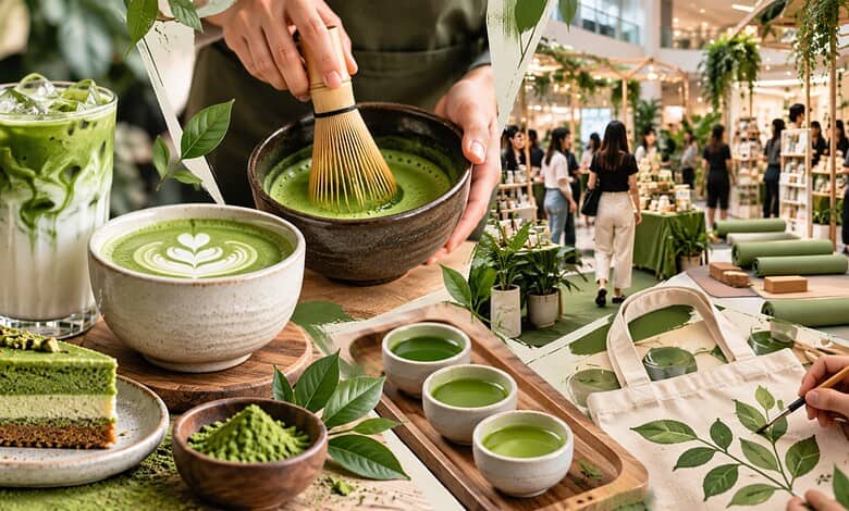 Matcha tea being prepared at a market stall with green tea and desserts in the background.