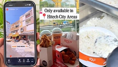 Mobile phone displaying a restaurant review app with Hitech City Areas highlighted.