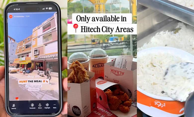 Mobile phone displaying a restaurant review app with Hitech City Areas highlighted.